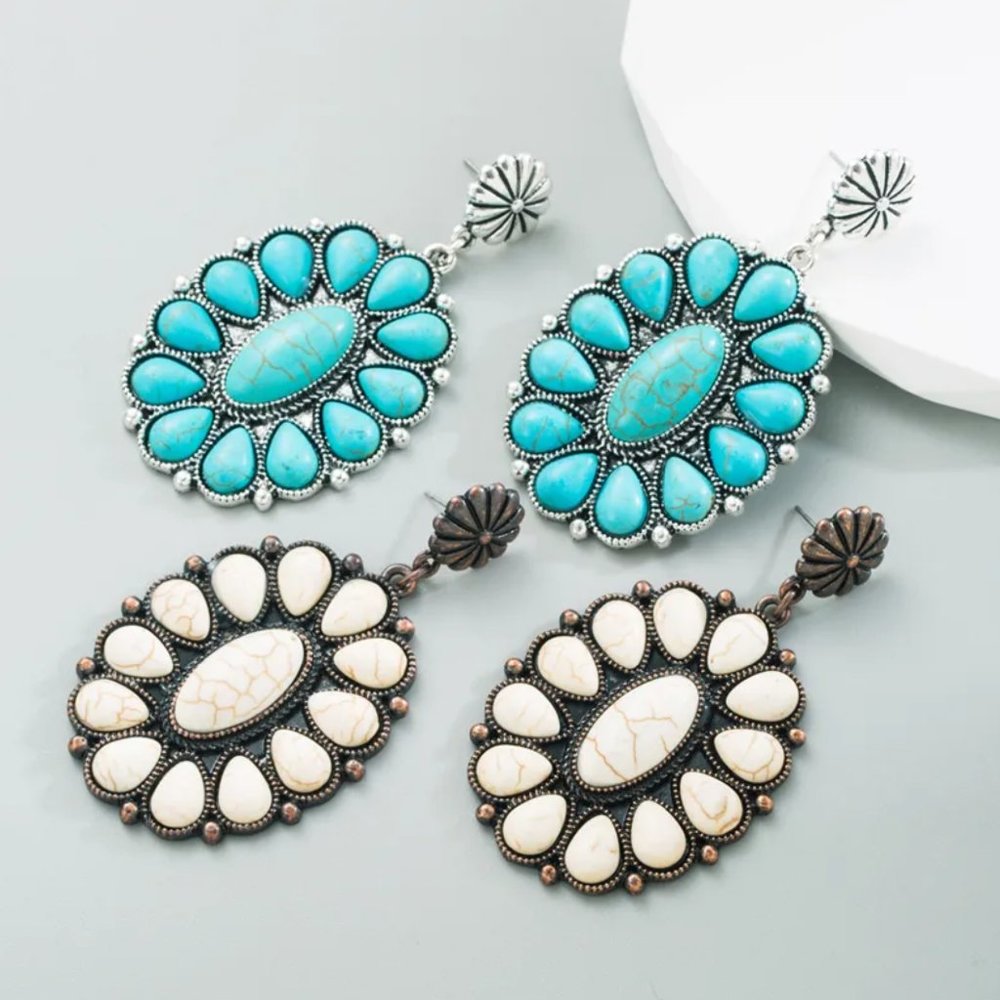 Western Southwestern Silver & Turquoise Boho Oval Dangle Earrings NEW - Picture 2 of 4